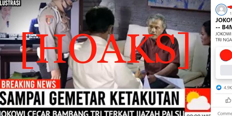 Tangkapan layar Facebook tentang narasi  Jokowi mengintrogasi Bambang Tri terkait ijazah palsu