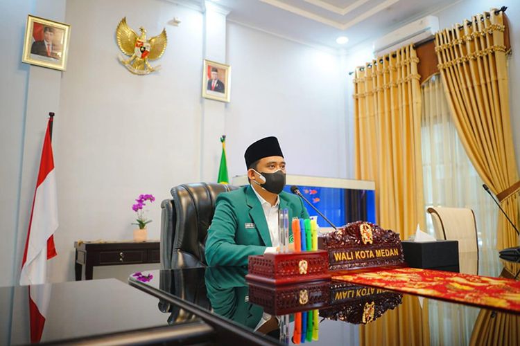 Wali Kota Medan Muhammad Bobby Afif Nasution dalam pelantikan Pengurus Daerah (PD) Al Jam'iyatul Washliyah Kota Medan periode 2021-2022, Sabtu (17/7/21).