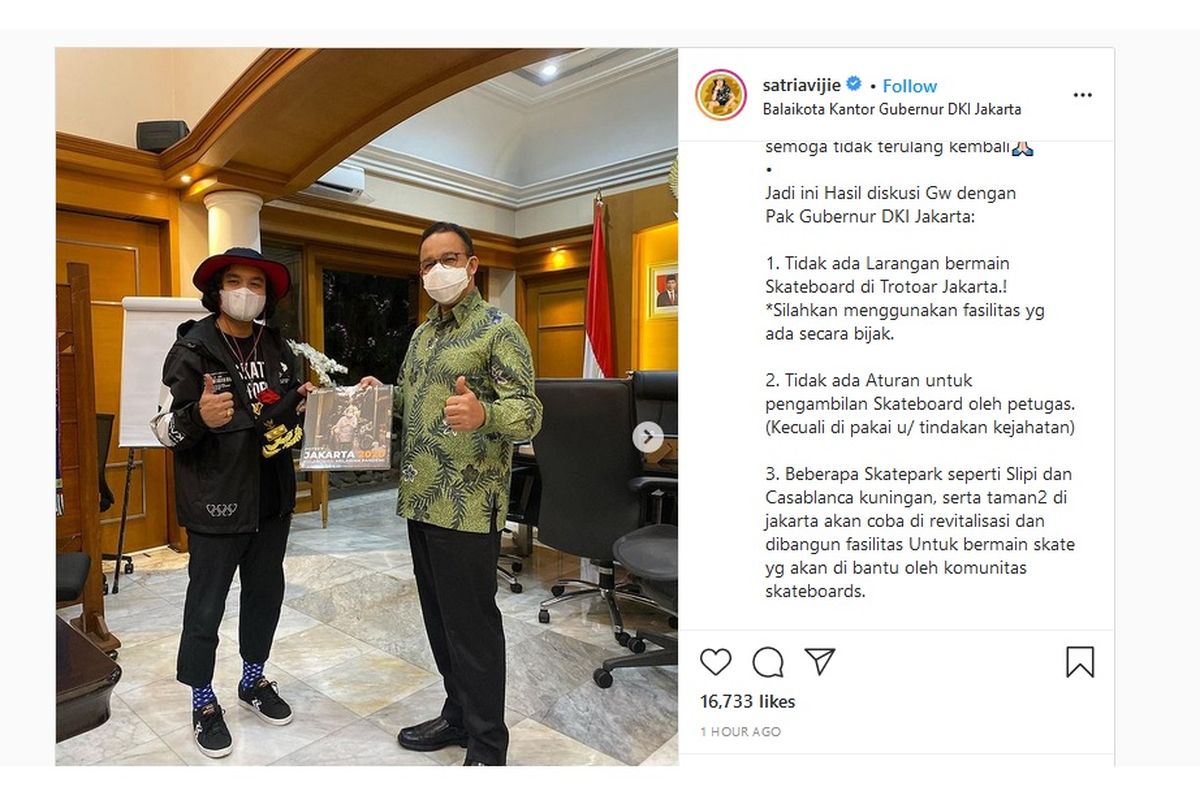 Gubernur DKI Jakarta Anies Baswedan saat bertemu Skateboarder Satria Vijie