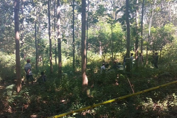 Lokasi ditemukannya jasad Tamjis (73) di kawasan hutan petak 38, RPH/BKPH Ngliron wilayah Desa Ngliron, Kecamatan Randublatung, Kabupaten Blora, Jawa Tegah, Sabtu (18/5/2019).