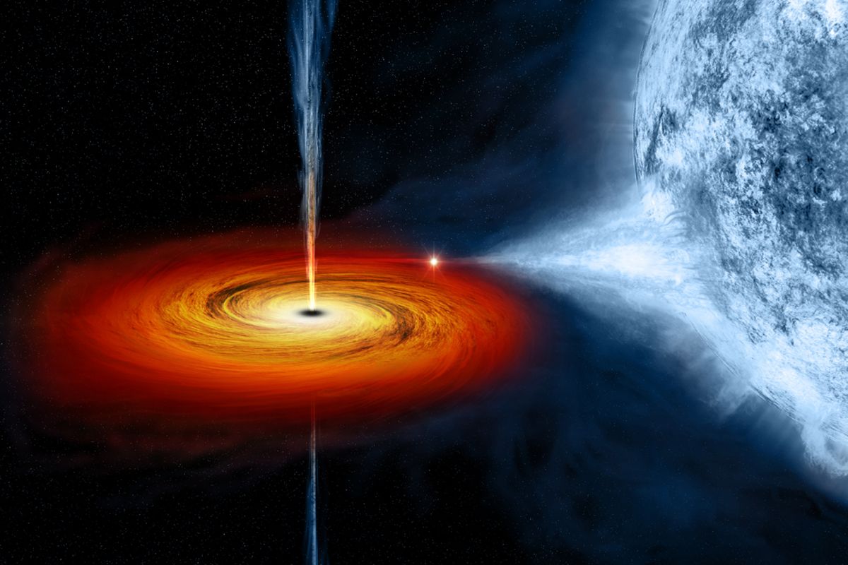 Lubang hitam bernama Cygnus X-1 yang terbentuk setelah menelan bintang raksasa. Objek ini menarik materi dari bintang biru besar di sampingnya.