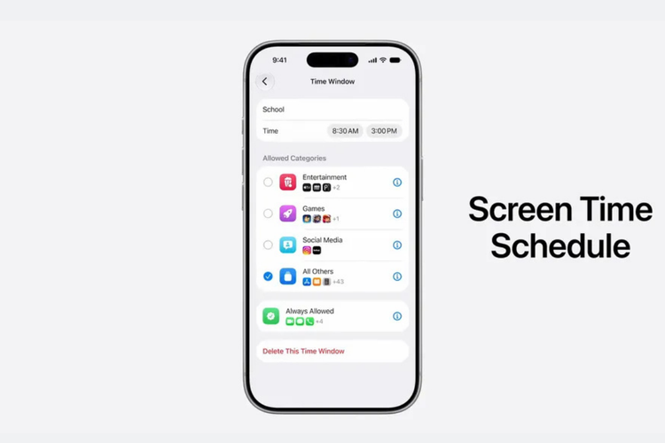 Fitur Screen Time di iOS 27 memungkinkan orang tua mengatur jadwal dan membatasi akses anak ke kategori aplikasi tertentu