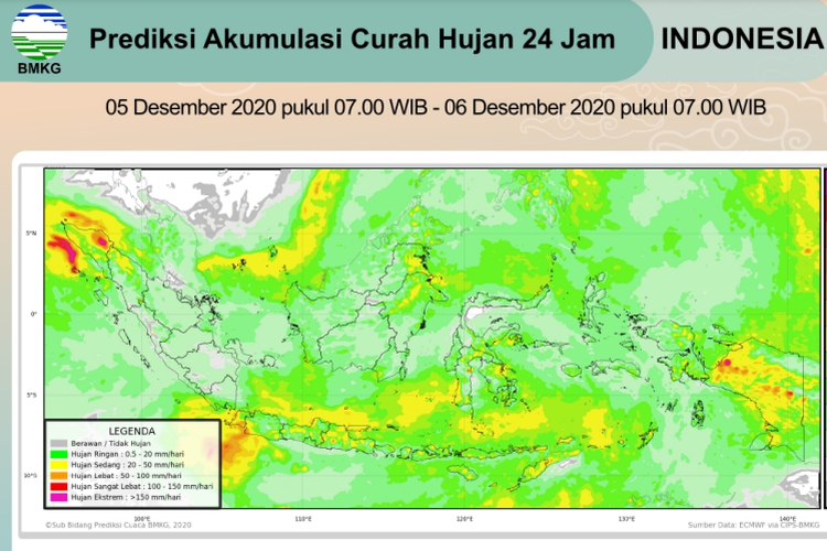Tangkapan layar akumulasi curah hujan 24 jam di seluruh wilayah Indonesia.