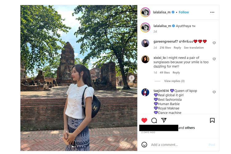 Tangkapan layar akun Instagram Lisa Blackpink saat mengunjungi Ayutthaya di Thailand.