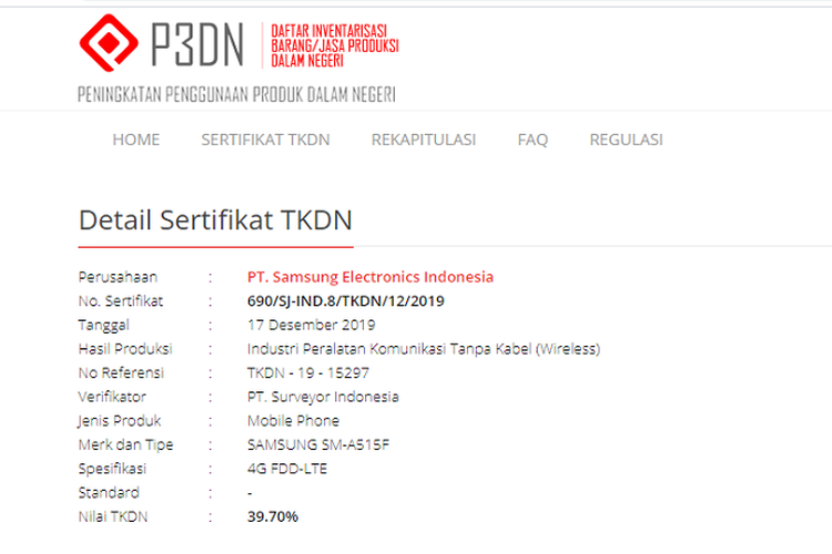 Tangkapan layar sertifikat TKDN Galaxy A51 di laman Kementerian Perindustrian.