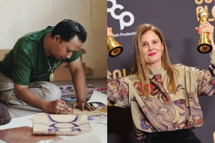 Sutradara Justine Triet mengenakan blus hasil kolaborasi antara merek fesyen Prancis, Lemaire, bersama seniman asal Indonesia bernama Noviadi Angkasapura di Golden Globes 2024.