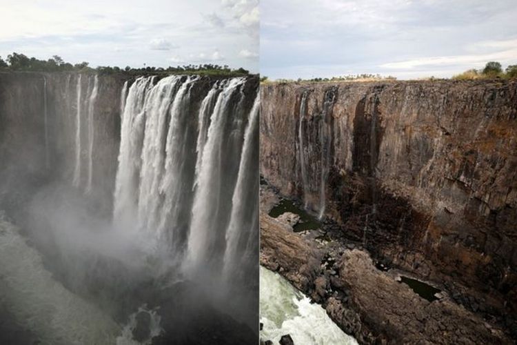 Air terjun Victoria yang mengalir di perbatasan Zimbabwe dan Zambia merupakan salah satu keajaiban alam di dunia. Tapi pada 2019 air terjun terbesar di Afrika itu berhenti mengalir.