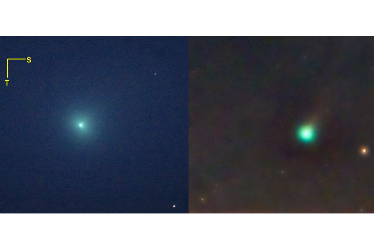 Wajah komet SWAN (C/2020 F8) dalam dua observasi berbeda. Kiri : Lembang 11 Ramadhan 1441 H (4 Mei 2020) pada waktu eksposur 10 detik. Kanan: Ponorogo 14 Ramadhan 1441 H (7 Mei 2020) pada waktu eksposur lebih lama (3 x 60 detik) sehingga bentuk ekornya terlihat membentang ke arah barat daya. Arah mataangin dinyatakan dalam S (Selatan) dan T (Timur).
