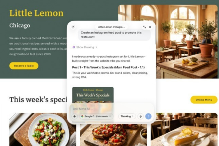 Ilustrasi Meta AI di Mac yang membantu membuat konten Instagram berdasarkan informasi dari situs web bisnis yang sedang dibuka pengguna