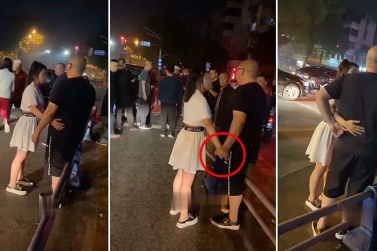 Potongan gambar yang beredar di media sosial China Weibo memperlihatkan seorang wanita memeluk dan mencoba memegang tangan dengan seorang pria, demi mendapat belas kasihan setelah mobilnya bertabrakan dengan mobil pria itu.