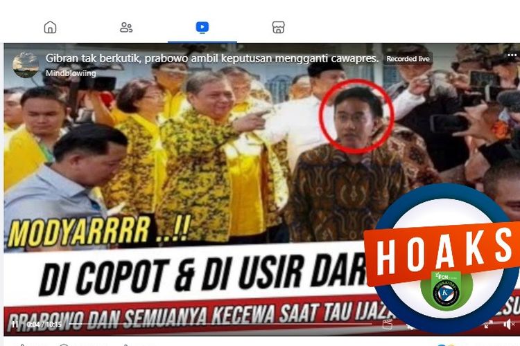 Tangkapan layar Facebook narasi yang menyebut Gibran menyebut Prabowo memutuskan untuk mengganti Gibran sebagai cawapresnya