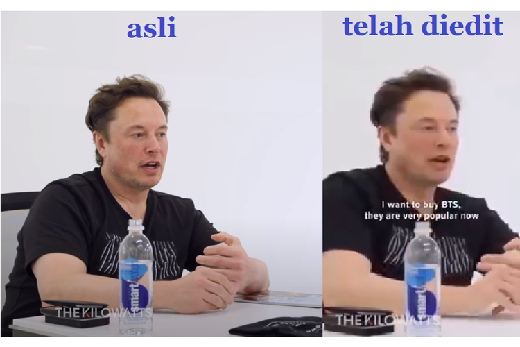 Tangkapan layar perbandingan video asli dan video yang telah diedit. Video wawancara Elon Musk bersama Tesla Owners Silicon Valley, direkayasa secara digital sehingga memuat pernyataan yang tidak sesuai konteks dan fakta.