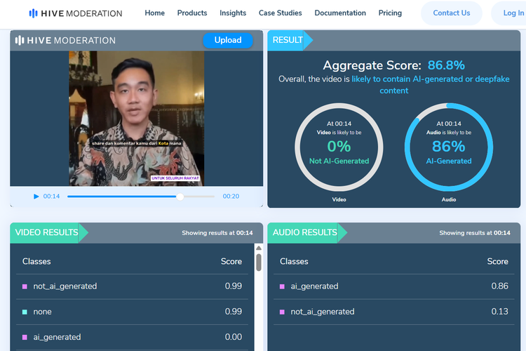 Tangkapan layar Hive Moderation menunjukkan, video Gibran membagikan uang Rp 40 juta memiliki probabilitas 86,8 persen merupakan AI.