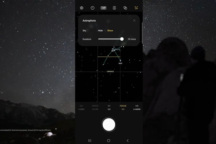 Pengaturan fitur Astrophoto Expert RAW di Galaxy S23 Ultra. Dengan pengaturan ini, pengguna bisa memotret bintang di langit.