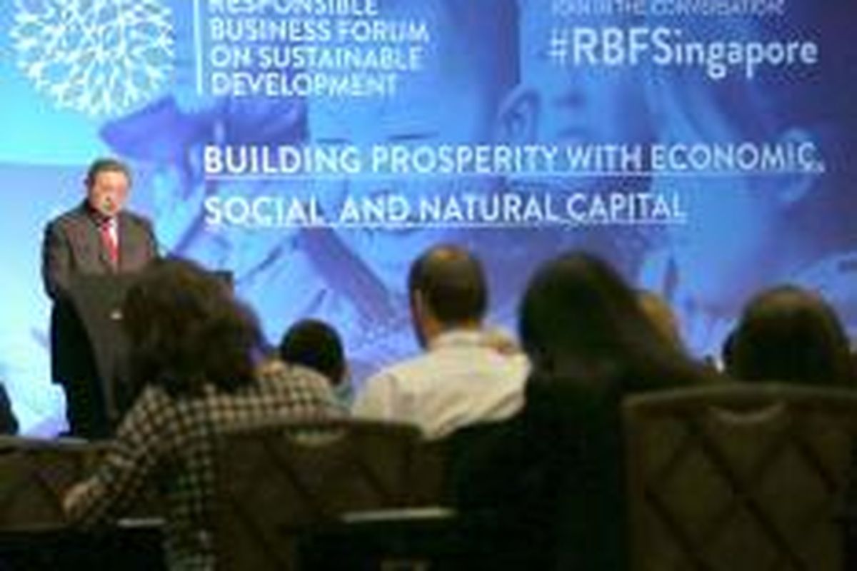 Presiden keenam RI Susilo Bambang Yudhoyono menyampaikan pidato dalam Third Annual Responsible Business Forum on Sustainable Development, Rabu (26/11/2014), di Singapura.