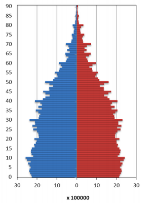 Piramida penduduk Indonesia berdasarkan Sensus 2010. Warna kiri menunjukkan laki-laki dan warna merah menunjukkan perempuan.