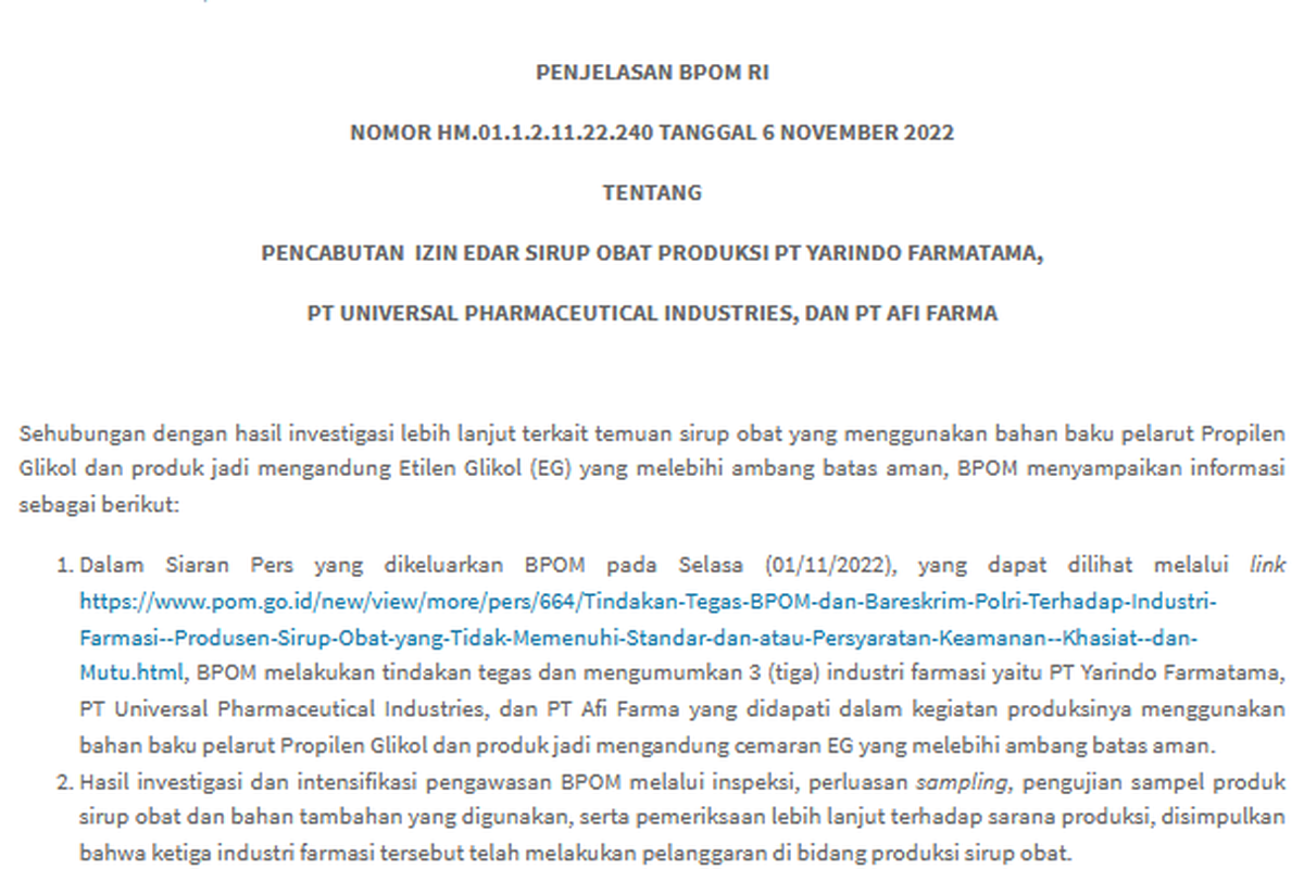 Penjelasan BPOM soal pencabutan izin edar 69 obat sirup