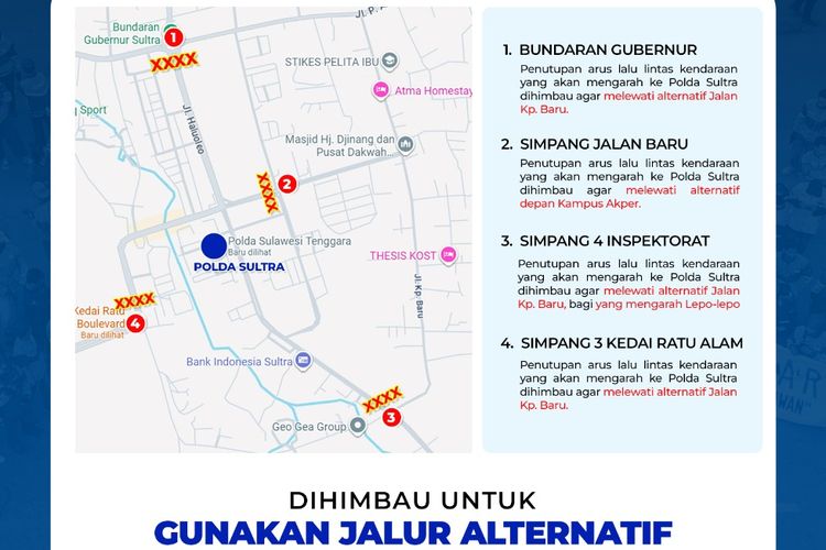4 jalan di sekitar Mapolda Sultra ditutup dan jalur alternatifnya