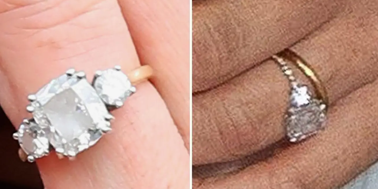Desain awal cincin pertunangan Meghan (kiri) dan desain terbaru cincin pertunangan Meghan (kanan)