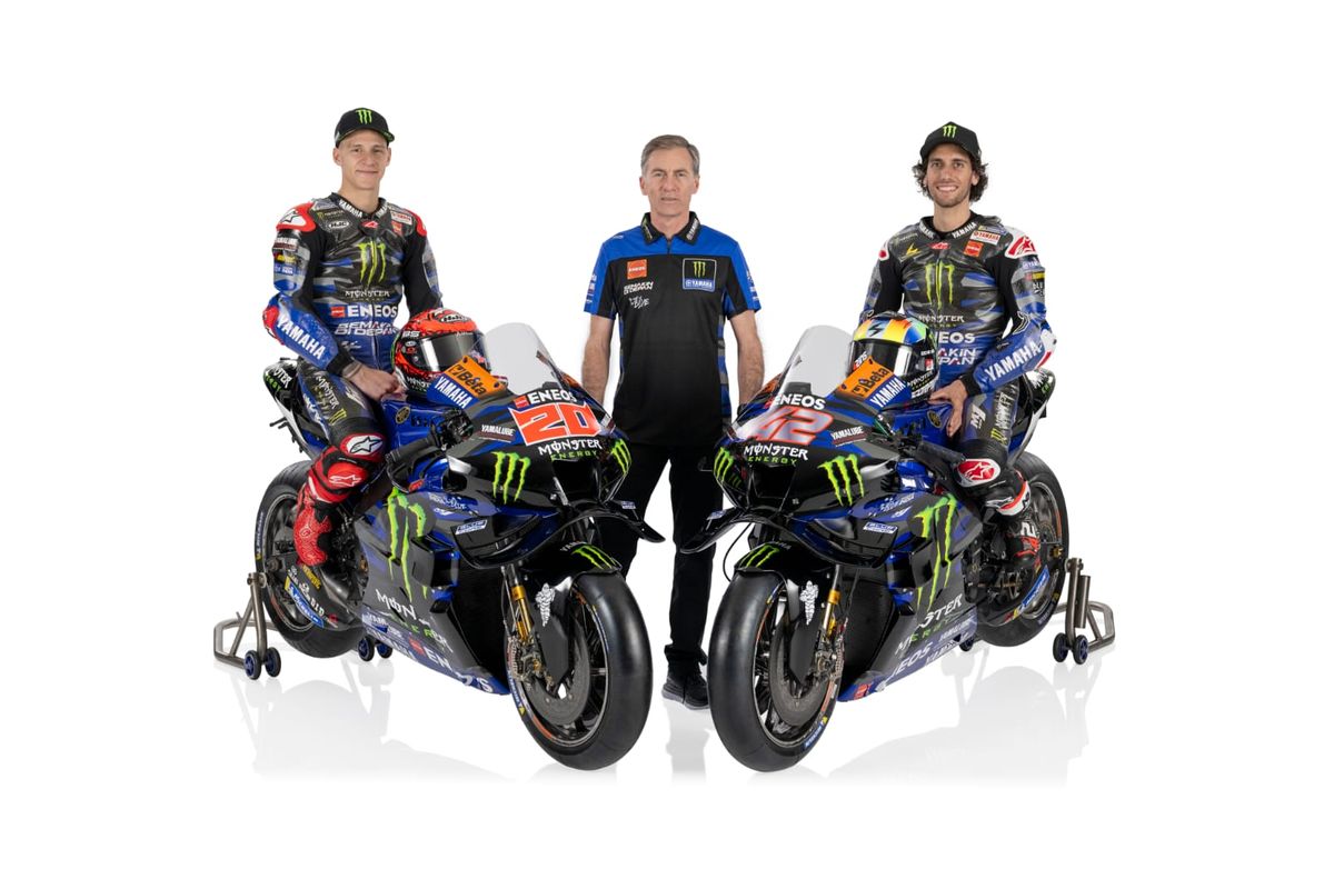 Desain livery Monster Energy Yamaha MotoGP untuk musim 2024 bersama Fabio Quartararo dan Alex Rins.