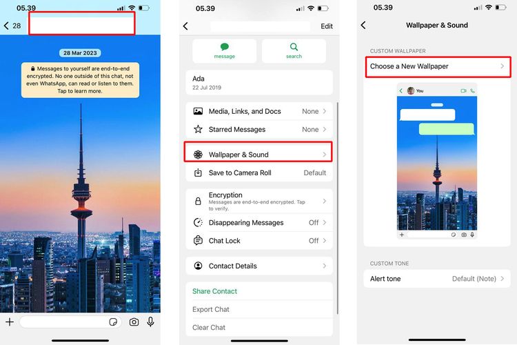 Ilustrasi cara mengganti wallpaper WhatsApp berbeda tiap kontak.