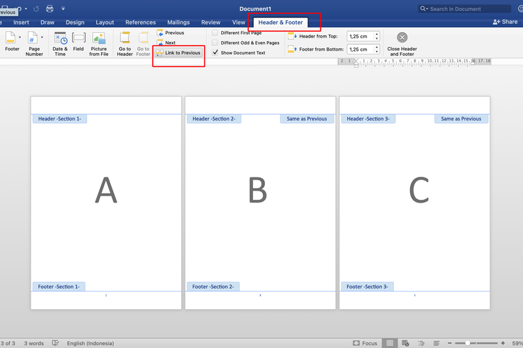 Ilustrasi cara membuat footer berbeda tiap halaman di Word.