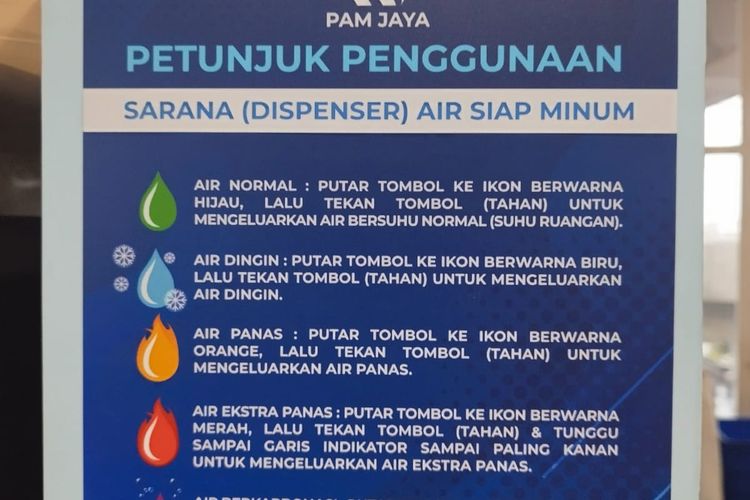 Petunjuk penggunaan mesin air kebersamaan atau dispenser air siap minum PAM Jaya dan Transjakarta di Halte CSW, Kebayoran Baru, Jakarta Selatan, Jumat (9/9/2023). (KOMPAS.com/XENA OLIVIA)