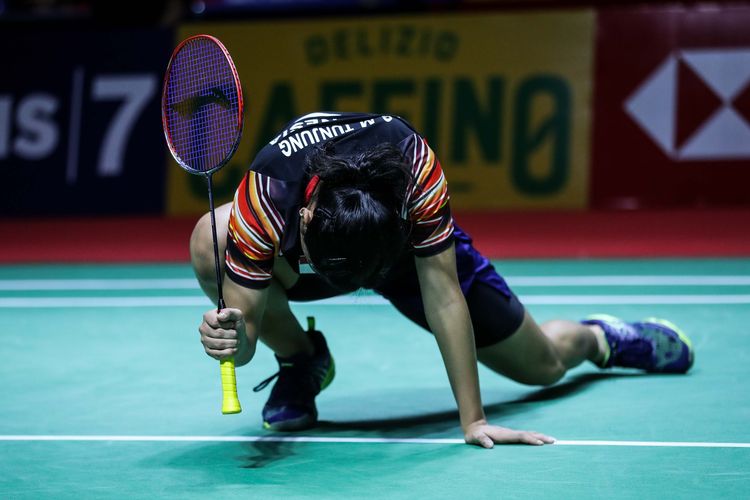 Pebulu tangkis tunggal putri Indonesia, Gregoria Mariska Tunjung melawan tunggal putri Thailand, Ratchanok Intanon dalam babak kedua Blibli Indonesia Open 2019 di Istora Senayan, kompleks GBK, Jakarta, Kamis (18/7/2019).