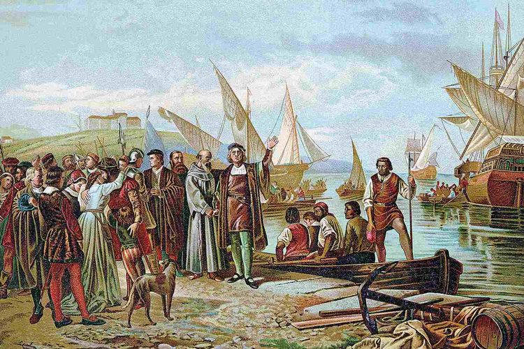 Ilustrasi berjudul Embarkasi dan Keberangkatan Columbus dari Pelabuhan Palos, dilukis pada penjelajahan samudra pertama Columbus pada 3 Agustus 1492.