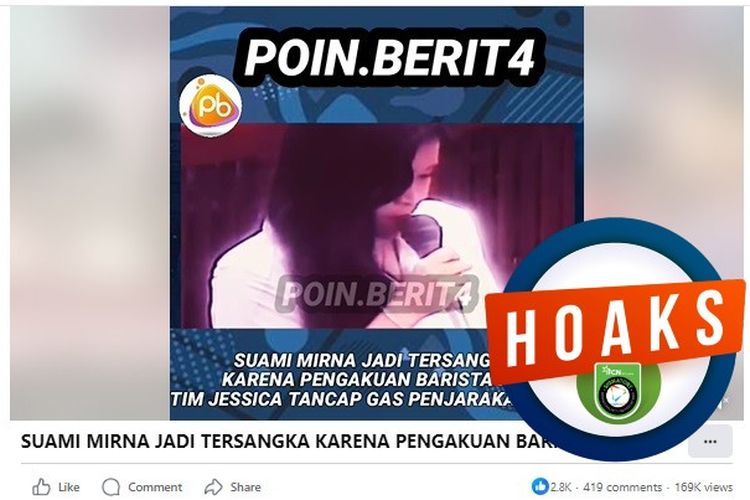 Tangkapan layar Facebook narasi yang menyebut suami Mirna ditetapkan menjadi tersangka