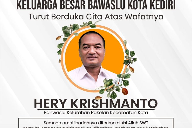 Seorang anggota pengawas pemilu di Kota Kediri, Jawa Timur, meninggal dunia, Jumat (16/2/2024).