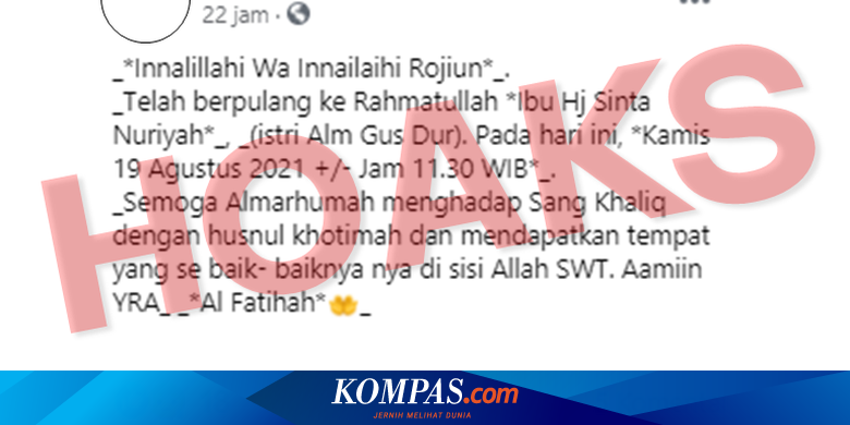 [HOAKS] Istri Presiden Ke-4 RI Gus Dur, Sinta Nuriyah, Meninggal Dunia - Vimarsana News