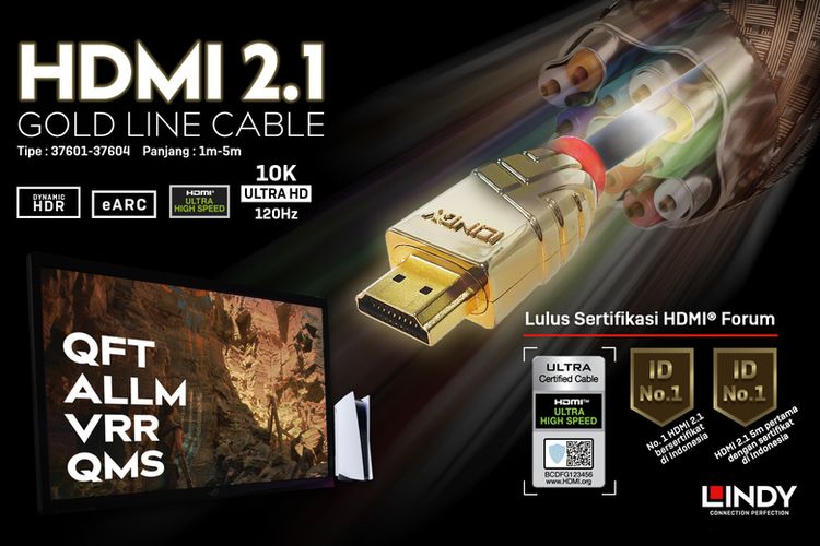 (Dok. Lindy HDMI 2.1) Kabel HDMI 2.1 besutan Lindy dilapisi oleh emas murni 24 karat.