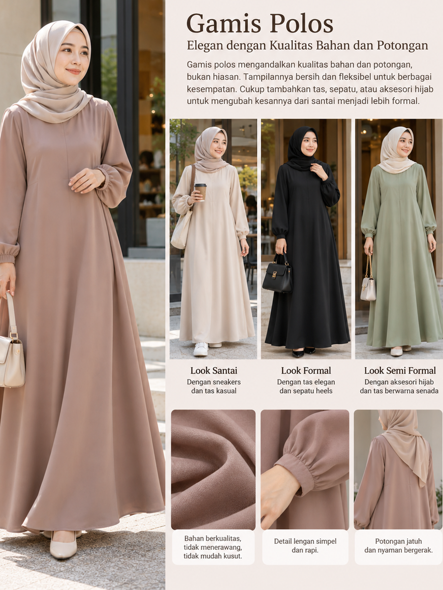Gamis Polos Modern, Elegan Tanpa Banyak Detail.
