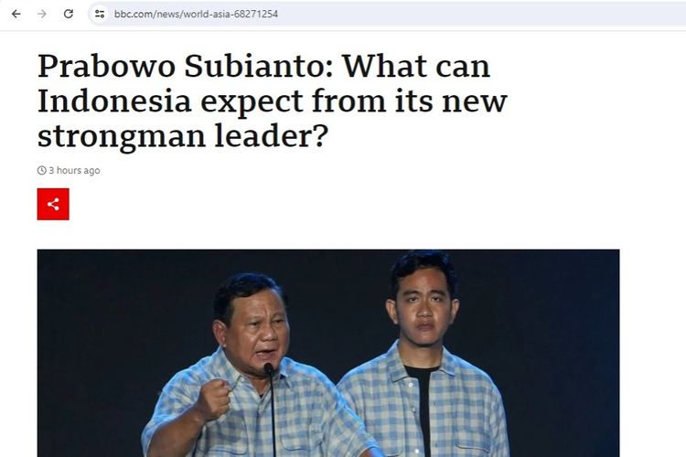 Media asing BBC menyoroti klaim kemenangan Prabowo Subianto dalam Pemilu 2024 di Indonesia, mengacu hasil sementara quick count beberapa lembaga survei.