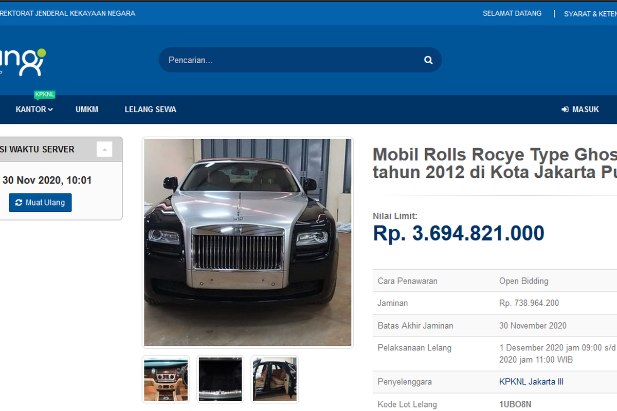 Pengumuman lelang mobil Rolls-Royce Kementerian Sosial di www.lelang.go.id (tangkapan layar)