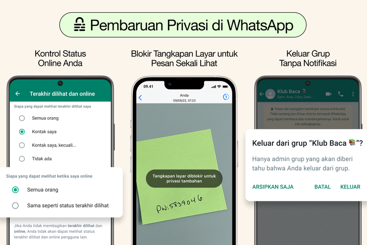 Whatsapp meluncurkan tiga fitur baru untuk meningkatkan keamanan dan kenyamanan pengguna, antara lain mampu mengontrol status online pengguna, memblokir fitur screenshot pada disappearing messages, dan dapat keluar dari grup tanpa notifikasi (Sumber: Whatsapp)