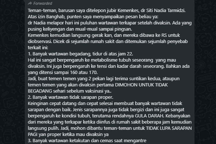 Tangkapan layar pesan mengenai wartawan yang terkapar setelah melakukan vaksinasi Covid-19.