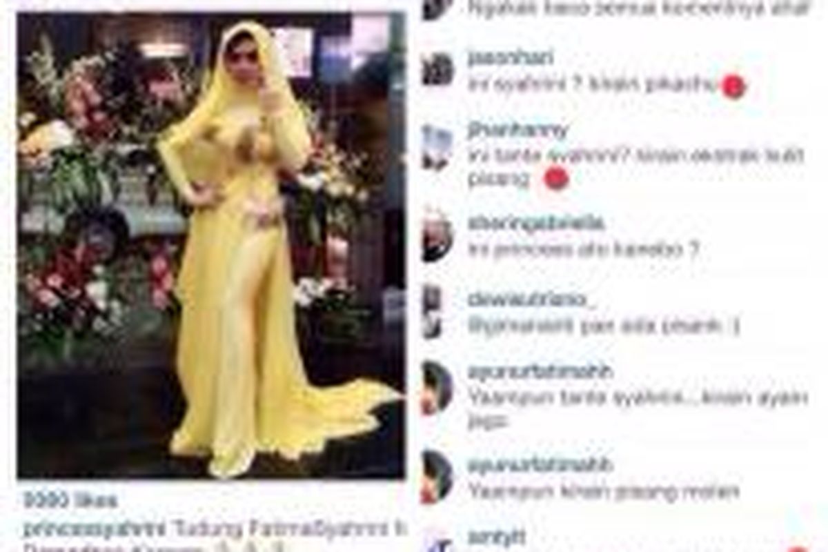 Foto Syahrini dengan busana serba kuning yang diunggahnya di akun Instagram-nya pada 3 Juli 2014.