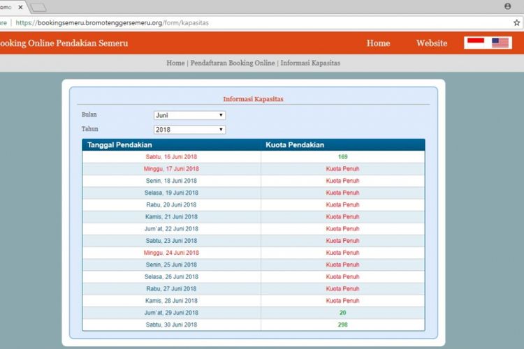 Tangkapan layar situs web www.bookingsemeru.bromotenggersemeru.org yang menunjukkan bahwa kuota pendakian Gunung Semeru pada 17-28 Juni sudah penuh.