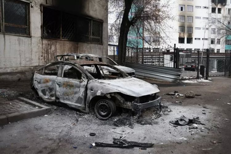 Salah satu sudut di Kota Almaty, Kazakhstan, setelah kerusuhan bisa dikendalikan.