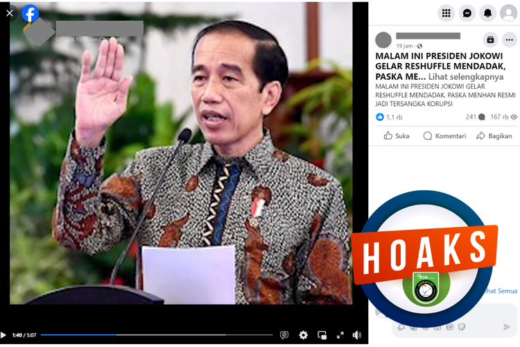 Tangkapan layar unggahan dengan narasi hoaks di sebuah akun Facebook, Selasa (3/10/2023), yang menyebut Jokowi melakukan reshuffle mendadak pada 3 Oktober 2023.
