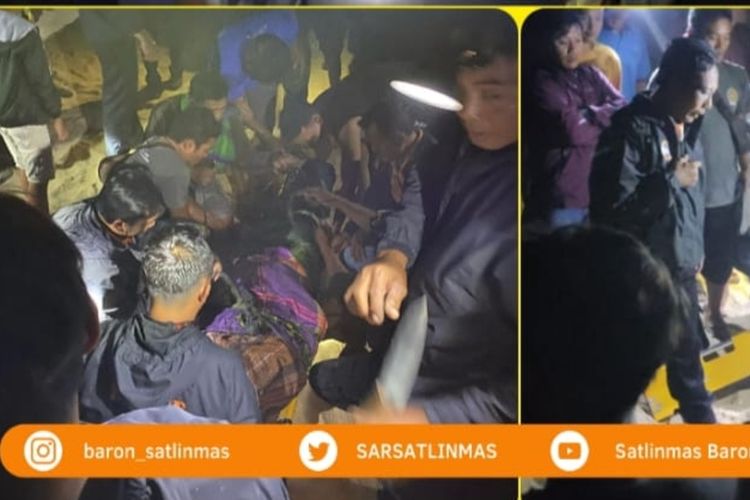 Proses evakuasi nelayan tenggelam di Pantai Ngrawah, Kapanewon Saptosari, Gunungkidul, DI Yogyakarta. Sabtu (14/10/2023) malam