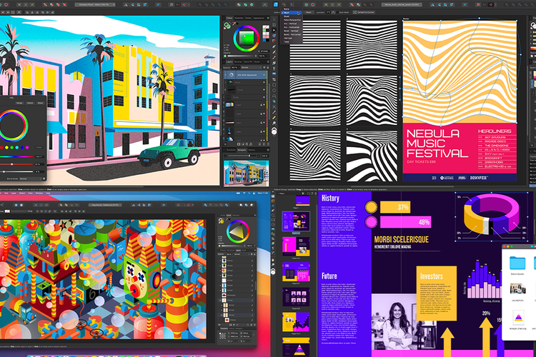 Tampilan software Affinity yang mirip Adobe Illustrator, Photoshop, dan InDesign Adobe