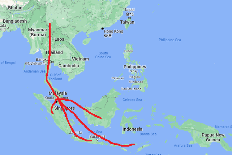 Peta Persebaran Nenek Moyang Bangsa Indonesia via jalur barat