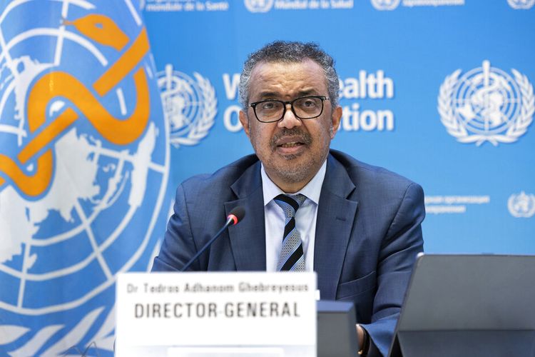 Tedros Adhanom Ghebreyesus, Director General of the World Health Organization (WHO), talks to the media regarding the coronavirus and global health priorities in 2022, during a press conference, at WHO headquarters in Geneva, Switzerland, Monday, Dec. 20, 2021. (Salvatore Di Nolfi/Keystone via AP)