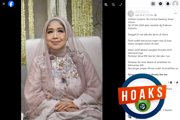 Tangkapan layar konten hoaks di sebuah akun Facebook, Minggu (28/4/2024), mengenai Prabowo akan menikahi mertua Kaesang.