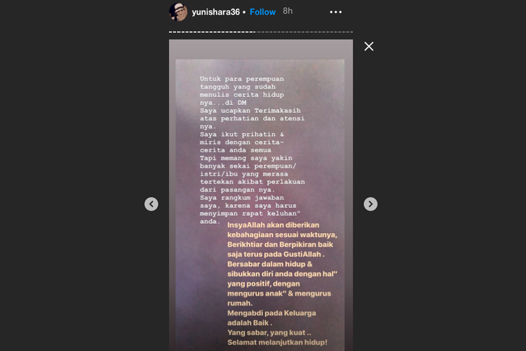 Tangkapan layar Insta Story Yuni Shara