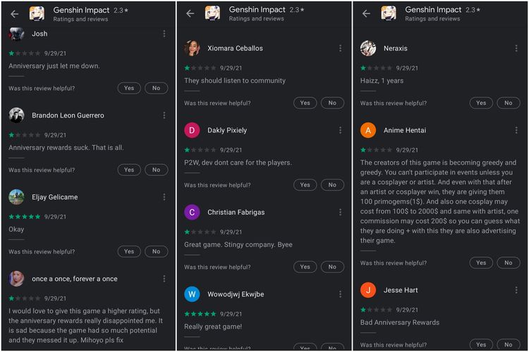 Ulasan game Genshin Impact di Google Play Store. Bisa dilihat, sebagian besar mengeluh karena hadiah ulang tahun sedikit.