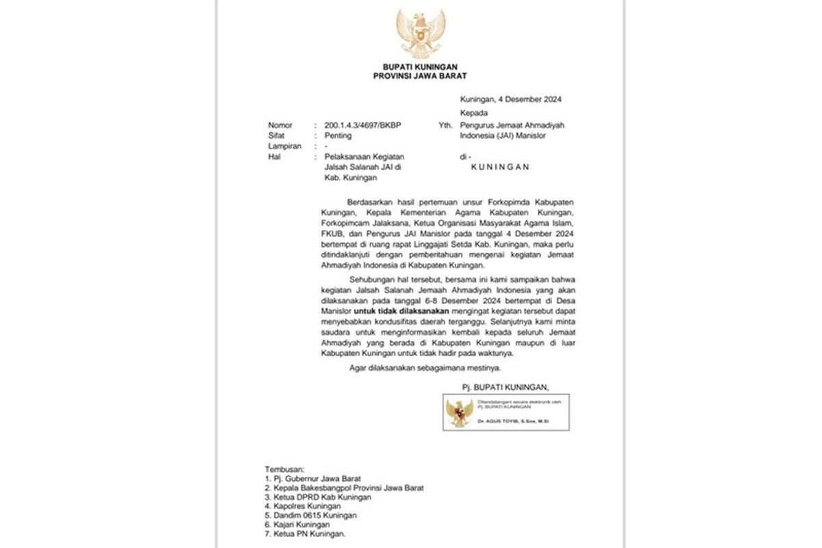 SK Bupati tentang larangan terhadap kegiatan Jalsah Salanah Jemaah Ahmadiyah Indonesia (JAI) yang direncanakan berlangsung di Desa Manislor, Kecamatan Jalaksana, pada Jumat hingga Minggu (6-8/12/2024).

